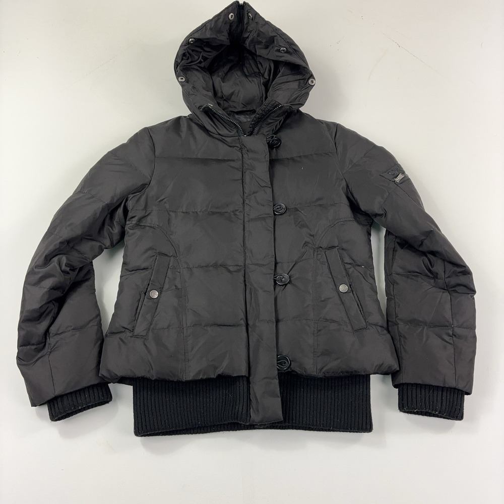DKNY Jacket Womens Medium Black Down Puffer Hooded Ribbed Hem Zip Pockets Warm
